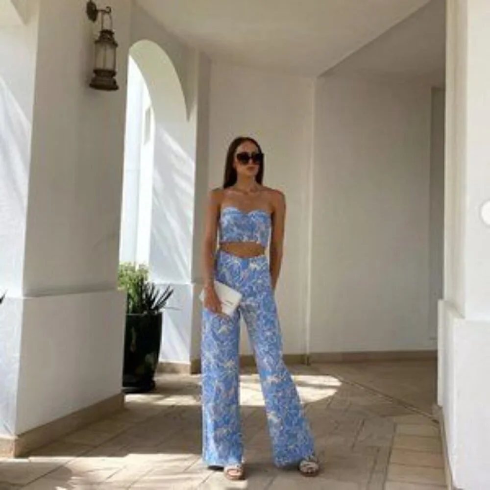 New Zara Full Length Floral Linen Blend High Waisted Blue/White Pants NWT Small